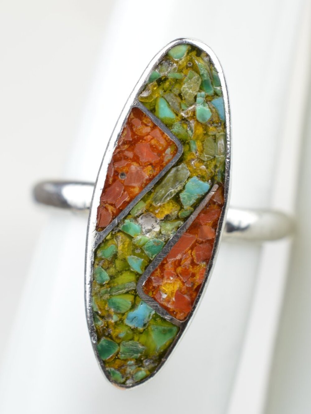 VTG Navajo Sterling Silver Turquoise Coral Chip Inlay Marquee Ring Size 5.75
